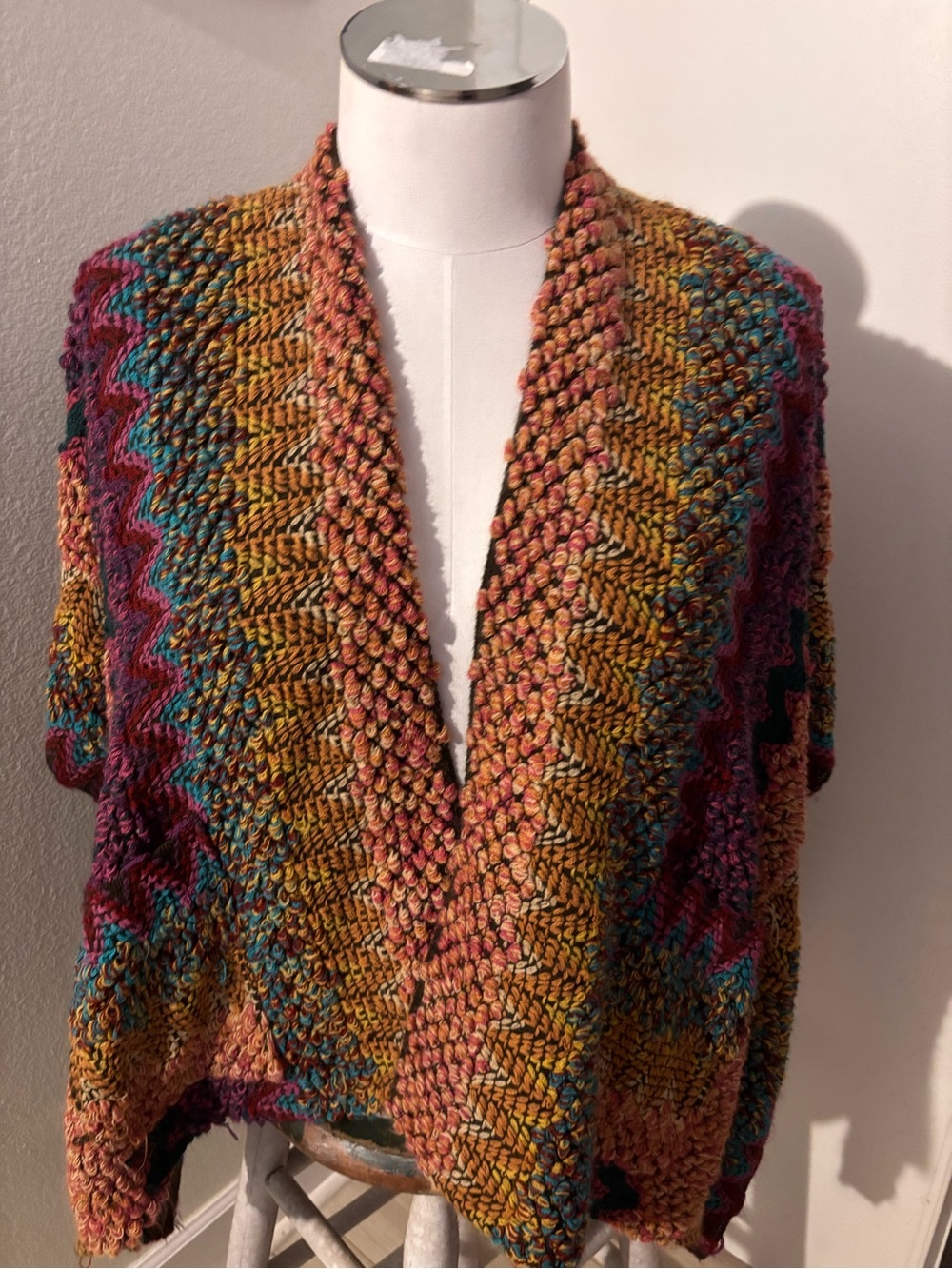 Poncho Multicolor Chunky Knit Open Cardigan Sweater - Women's